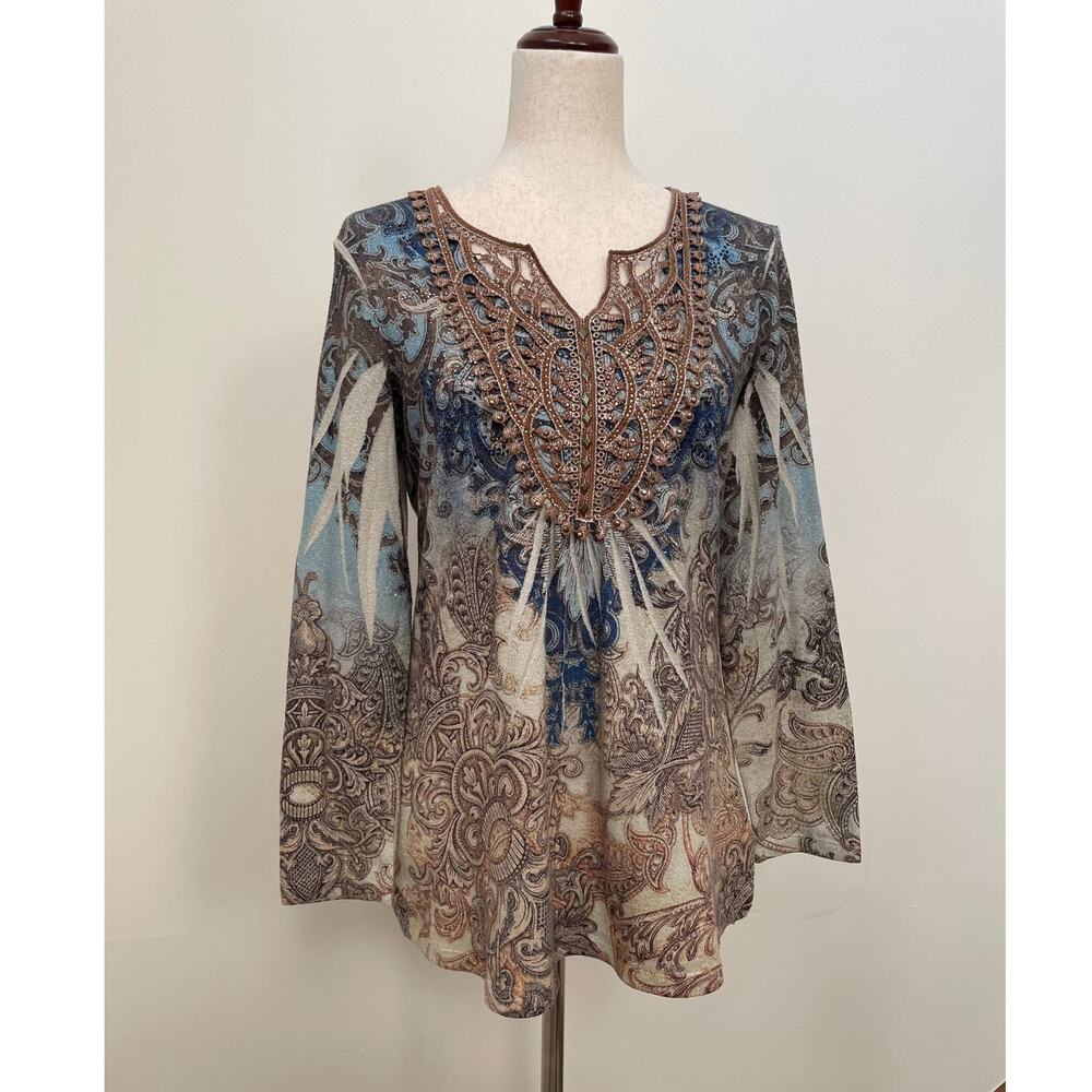 Y2K 00s Paisley Fairy Grunge Top Size PL Boho Western Hippie Studded Embroidered